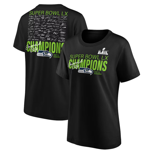 Women's Seattle Seahawks Black LX Autograph Signing Super Bowl Champions T-Shirt(Run Small)